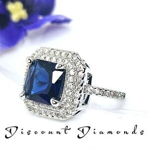 3.75 Ct. Deep Blue Sapphire & White Baguette Diamond Ring 925 Silver Band